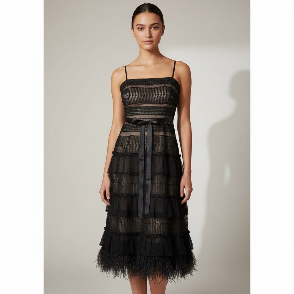 BCBGMAXAZARIA Black Lace and feather Tiered Dress